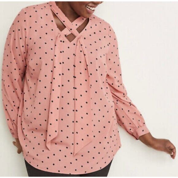 Lane Bryant 2XL Blouse Pink and Black Polka Dot Long Sleeve Tie Neck 18/20 - Picture 1 of 10